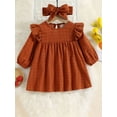 thumbnail image 1 of ZEHJUHAN Infant Girls Solid Color Long Sleeve Dress Ruffle Trim Accent Matching Headband Casual Party Wear Brown，6-12M, 1 of 7