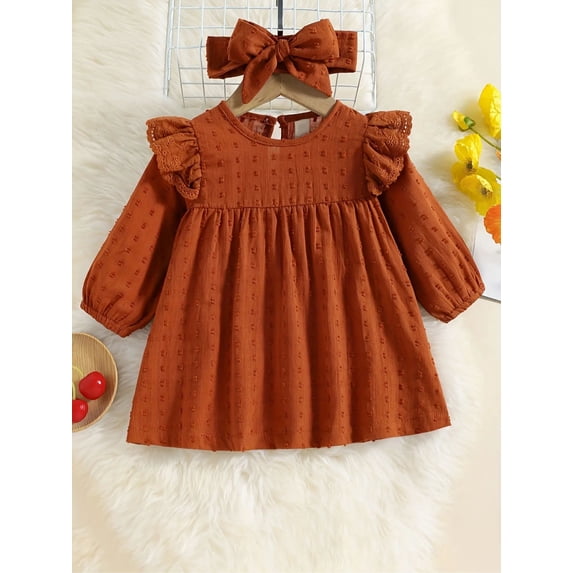 ZEHJUHAN Infant Girls Solid Color Long Sleeve Dress Ruffle Trim Accent Matching Headband Casual Party Wear Brown,6-12M