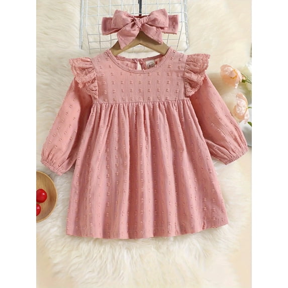ZEHJUHAN Infant Girls Solid Color Long Sleeve Dress Ruffle Trim Accent Matching Headband Casual Party Wear Pink,18-24M