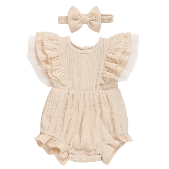 Zehjuhan Infants Baby Girl Ruffle Bubble Romper One-Piece Shorts Jumpsuit with Mesh Butterfly Sleeves Summer Outfit Apricot，0-3M