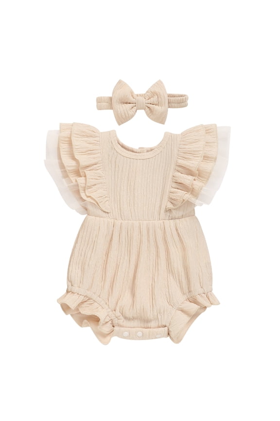 Infants Baby Girl Ruffle Bubble Romper One-Piece Shorts Jumpsuit with Mesh Butterfly Sleeves Summer Outfit Apricot,6-9M