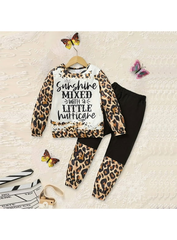 Kids' Fashion Comfort Long Sleeve Top & Pants Set - Letter & Leopard Print Casual Outfit for Boys & Girl Brown,4Y
