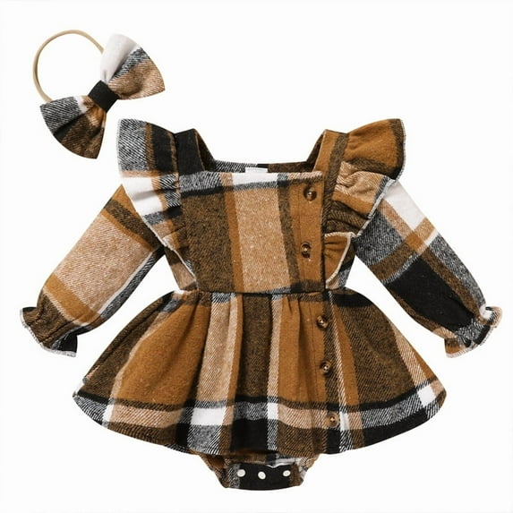 ZEHJUHAN Newborn Baby Girl Fall Winter Plaid Long Sleeve Buttons Outfit Ruffles Dress&Bow Headband, Brown 6-12 Months