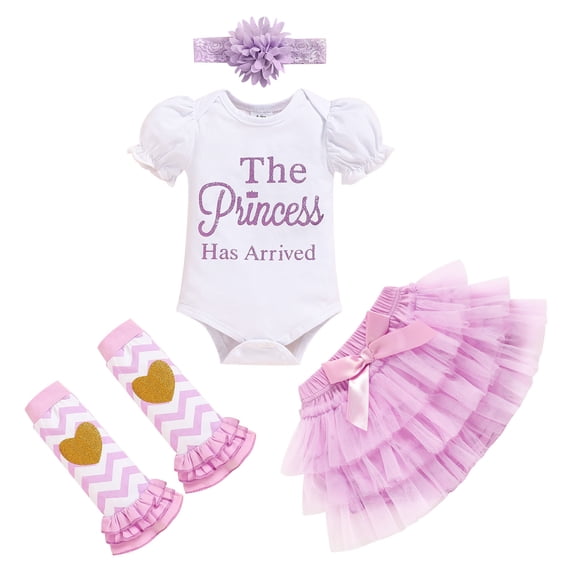 ZEHJUHAN Newborn Baby Girl's Holiday 4-Piece Set: Bubble Sleeve Letter Print Romper + Tulle Skirt + Headband + Leggings Purple,