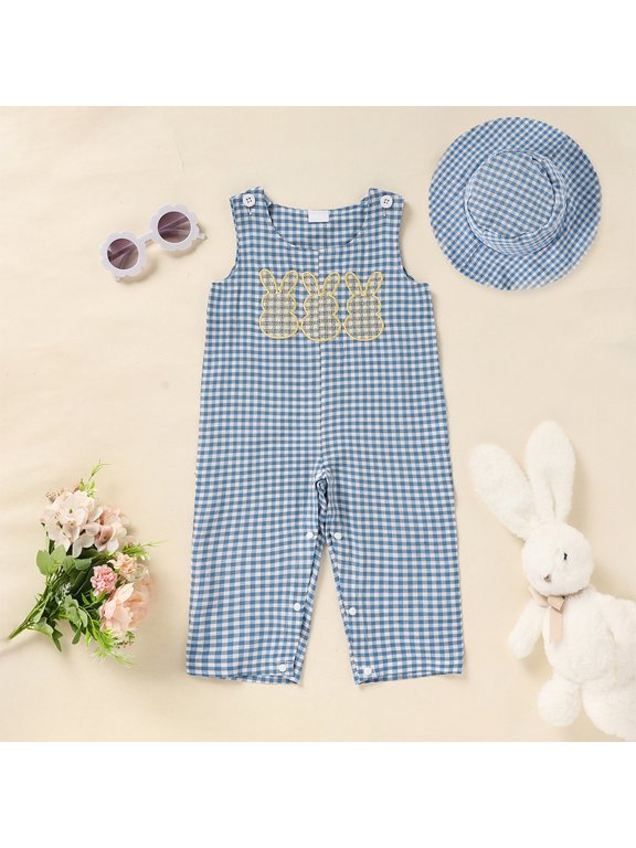 Newborn Baby Girls Boys Outfit Bunny Sleeveless Plaid Romper with Hat My First Easter Clothes Blue,3-6M