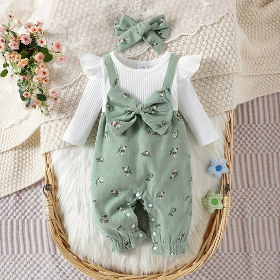 ZEHJUHAN Newborn Girl's Long Sleeve Bow Susender Set with Floral Print Baby Fall Winter Outfit with Lace Trim Green，3-6Months