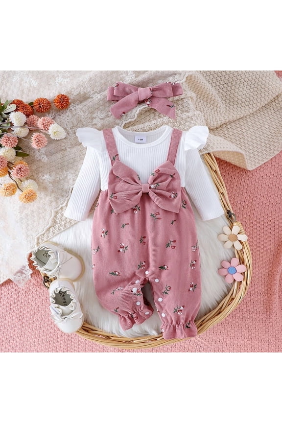 Newborn Girl's Long Sleeve Bow Susender Set with Floral Print Baby Fall Winter Outfit with Lace Trim Pink，3-6Months