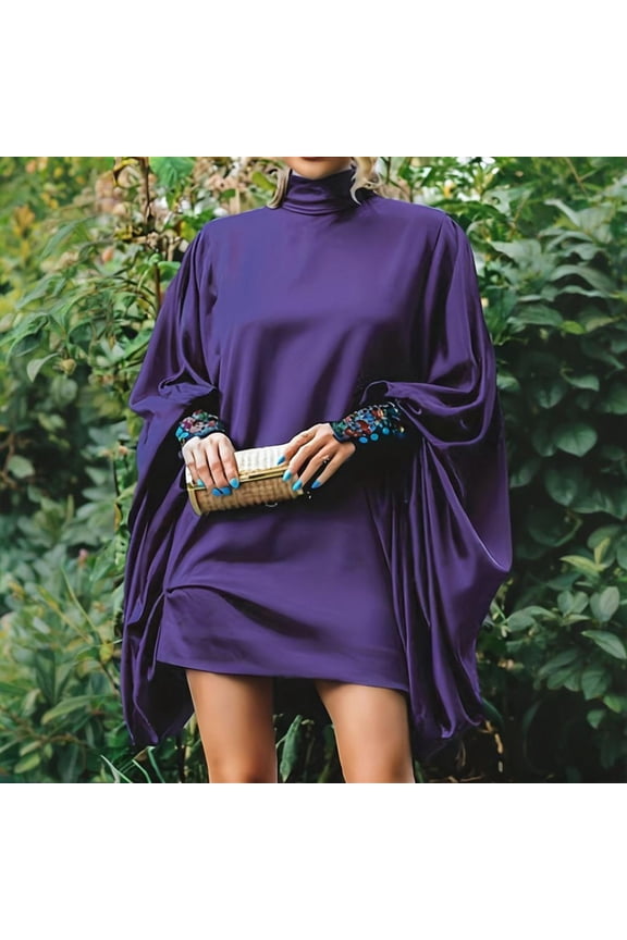 Plus Size Women's Solid Color High Neck Dress Elegant Lantern Sleeve Blouson Gown for Spring Evenings Purple，3XL