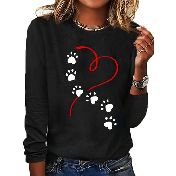 ZEHJUHAN Spring Fall Paw Print Graphic Long Sleeve Shirt - Cute Heart Design Crewneck Top for Women Black，S