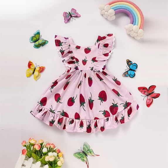 ZEHJUHAN Toddler Baby Girls Sweet Strawberry Print Flowy A-Line Shape Round Neck with Ruffle Trim Pink,3-6M