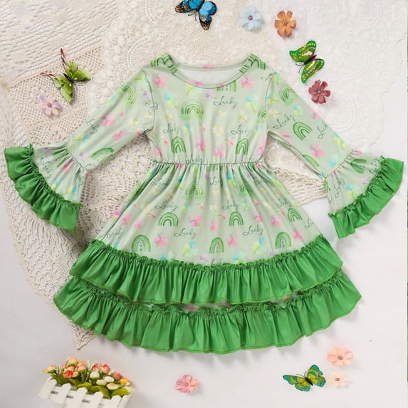 ZEHJUHAN Toddler Girl's Cute Party Dress Set, Clover Print Bell Sleeve A-Line Dress With Ruffle Hem For Spring Fall Green,3Y