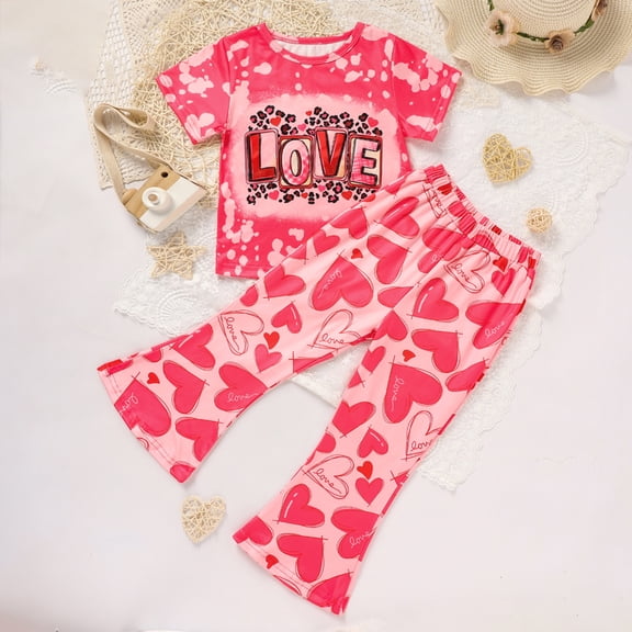 ZEHJUHAN Toddler Girl's Heart & Letter Print 2-Piece Set, Crew Neck Short Sleeve T-Shirt With Flare Leg Pants Red,6Y
