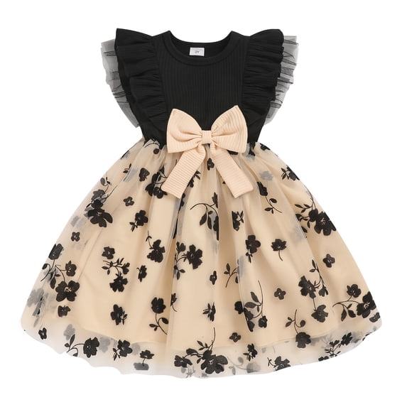 ZEHJUHAN Toddler Girl's Ruffle Sleeve Bow Princess Dress Sleeveless Round Neck 3D Floral Embroidery Mesh Party Dresses Black,2Y