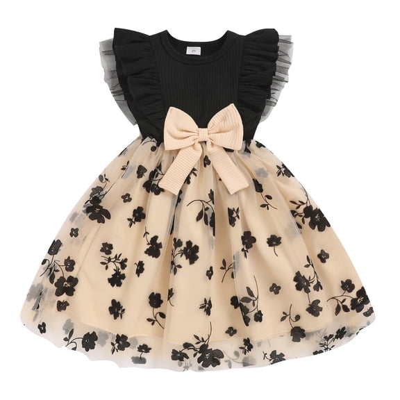 ZEHJUHAN Toddler Girl's Ruffle Sleeve Bow Princess Dress Sleeveless Round Neck 3D Floral Embroidery Mesh Party Dresses Black,2Y