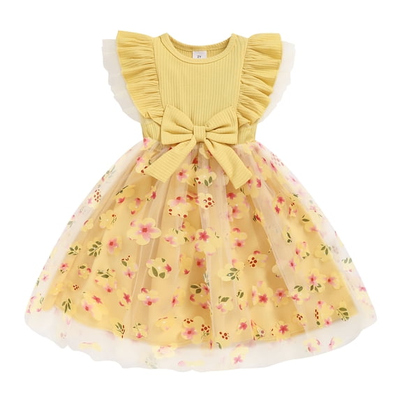 ZEHJUHAN Toddler Girl's Ruffle Sleeve Bow Princess Dress Sleeveless Round Neck 3D Floral Embroidery Mesh Party Dresses Yellow,6Y