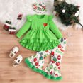 thumbnail image 1 of ZEHJUHAN Toddler Girls' 2-Piece Ruffle Hem Top & Flare Pants Set, Long Sleeve Print Outfit For Spring & Fall Green，1-2Y, 1 of 10