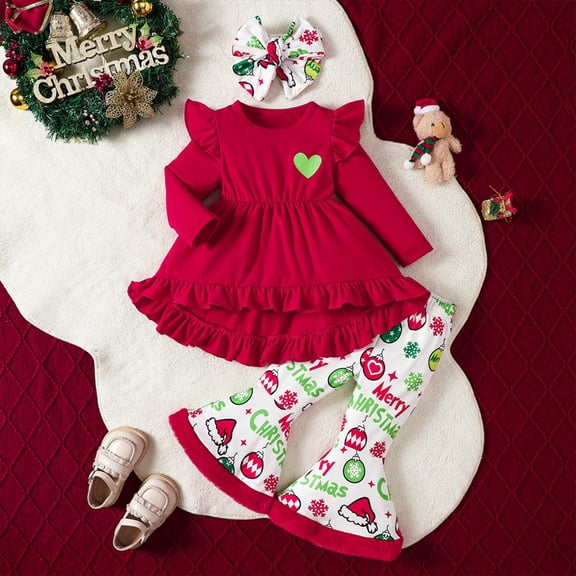 ZEHJUHAN Toddler Girls' 2-Piece Ruffle Hem Top & Flare Pants Set, Long Sleeve Print Outfit For Spring & Fall Red，3-4Y