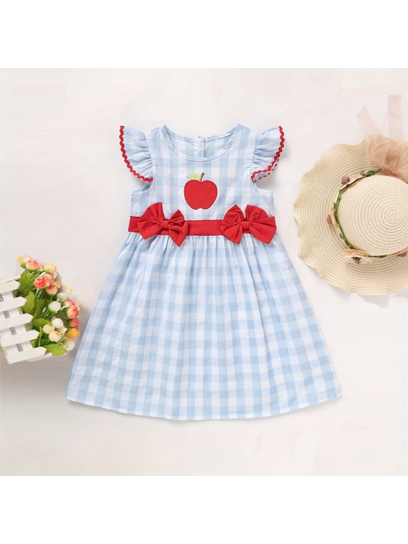 Toddler Girls Back-to-School Fly Sleeves Apple Applique 3D Bowknot Plaid Dress Blue,8Y