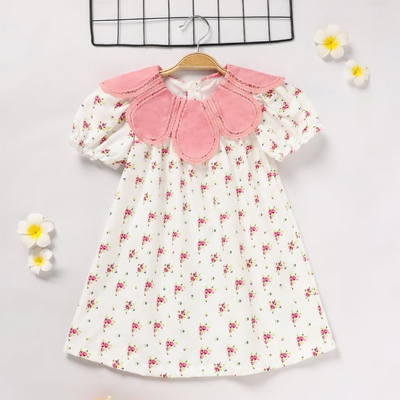 ZEHJUHAN Toddler Girls' Cute Floral Print Dress, All-Over Pattern Bubble Sleeve A-Line Princess Dress Pink，18-24M