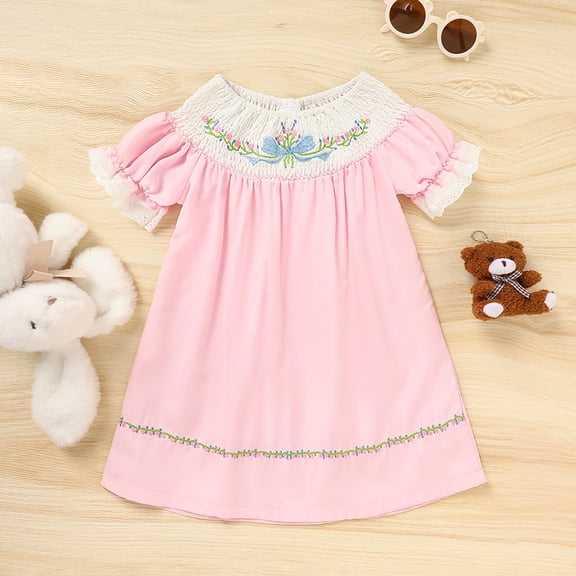 ZEHJUHAN Toddler Girls' Floral Embroidery A-Line Dress, Bubble Sleeve Ruffle Neck Party Dress for Summer Pink,4Y