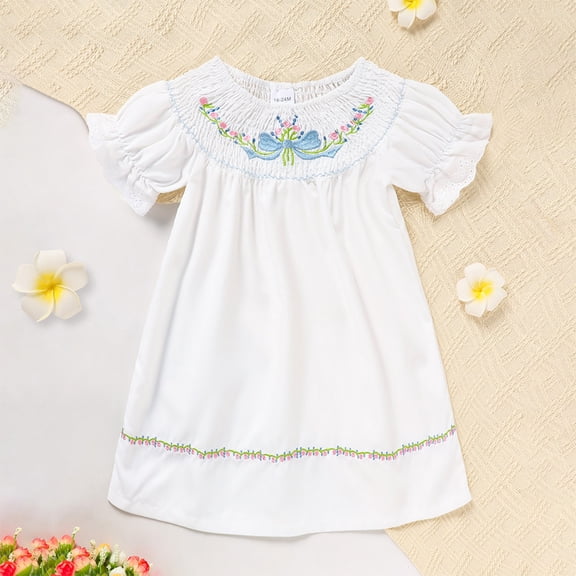 ZEHJUHAN Toddler Girls' Floral Embroidery A-Line Dress, Bubble Sleeve Ruffle Neck Party Dress for Summer White，5Y