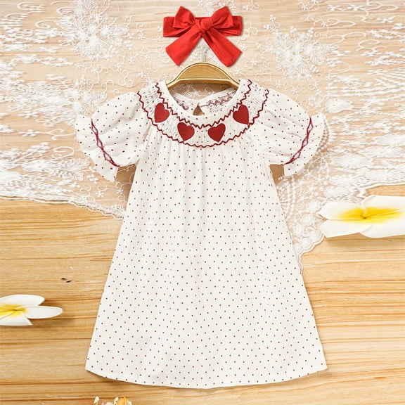 ZEHJUHAN Toddler Girls' Heart Embroidered Dress, Polka Dot Bubble Sleeve A-Line Dress with Back Buttons White，6-9M