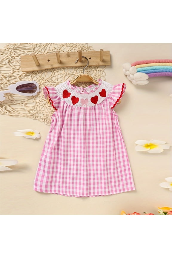 Toddler Girls' Short Sleeve Checkered Dress Heart Embroidery Ruffle Detail Back Button Dress Pink,3-6M