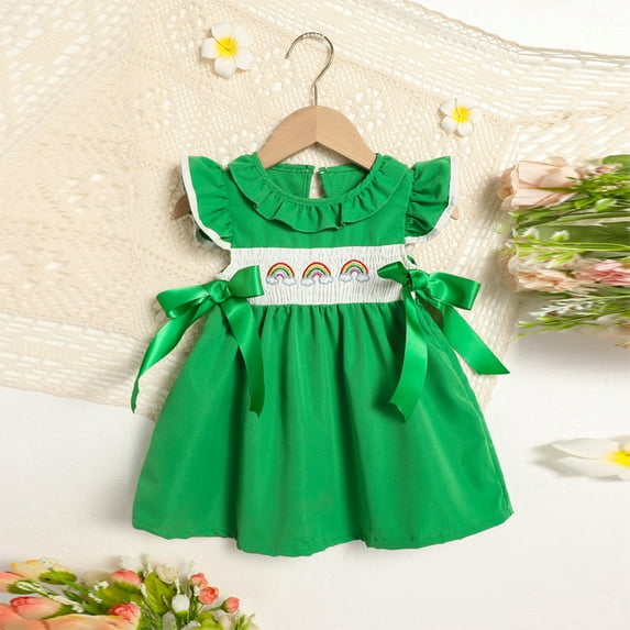 ZEHJUHAN Toddler Girls' Short Sleeve Ruffle Dress, Rainbow Embroidery Bow Detail Back Button Dress Green,9-12M