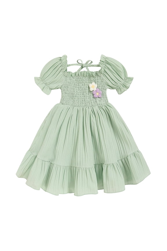 Toddler Girls' Solid Color Bubble Sleeve A-Line Dress With Hand-Crocheted 3D Flower, Summer Tie Back Sundress for Vacation & Holidays, Green,2Y