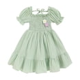 thumbnail image 1 of ZEHJUHAN Toddler Girls' Solid Color Bubble Sleeve A-Line Dress With Hand-Crocheted 3D Flower, Summer Tie Back Sundress for Vacation & Holidays, Green，5Y, 1 of 7