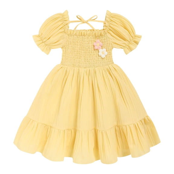 ZEHJUHAN Toddler Girls' Solid Color Bubble Sleeve A-Line Dress With Hand-Crocheted 3D Flower, Summer Tie Back Sundress for Vacation & Holidays, Yellow,2Y