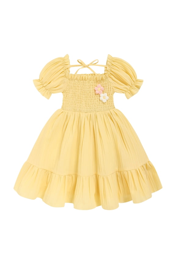 Toddler Girls' Solid Color Bubble Sleeve A-Line Dress With Hand-Crocheted 3D Flower, Summer Tie Back Sundress for Vacation & Holidays, Yellow,4Y