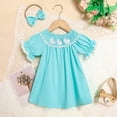 thumbnail image 1 of ZEHJUHAN Toddler Girls' Solid Color Dress Ruffle Short Sleeve Bunny Embroidery Dress with Headband Bow Blue，3-6M, 1 of 9