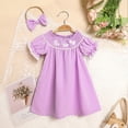 thumbnail image 1 of ZEHJUHAN Toddler Girls' Solid Color Dress Ruffle Short Sleeve Bunny Embroidery Dress with Headband Bow Purple，9-12M, 1 of 9