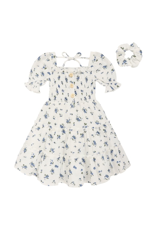 Toddler Girls Summer Short Sleeve Sundress Square Neckline Tie Back A-Line Beach Dress With Matching Headband Blue flowers on white,6Y