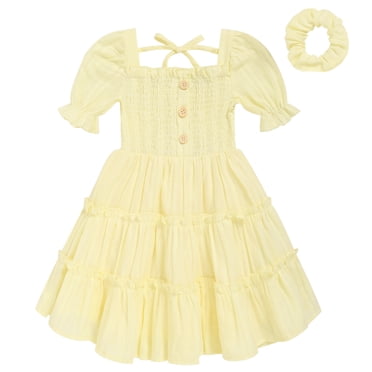 ZEHJUHAN Toddler Girls Summer Short Sleeve Sundress Square Neckline Tie Back A-Line Beach Dress With Matching Headband Yellow，2Y