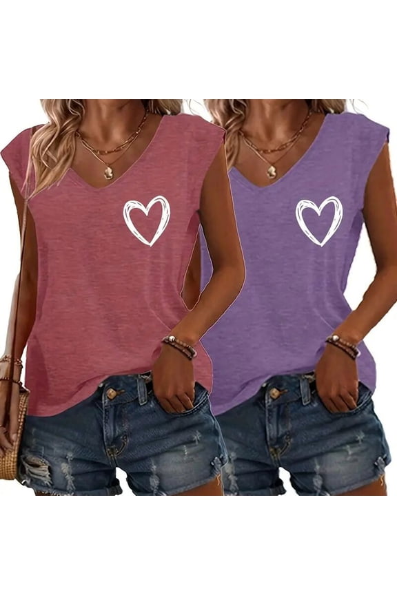 Women's 2-Piece Cute Graphic Heart Print Shirts - V-Neck Short Sleeve Breathable Tops Red Light Purple,S