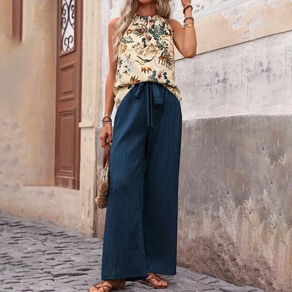 ZEHJUHAN Women's 2-Piece Sleeveless Top & Wide Leg Pants Set - Printed Blouse with Drawstring Trousers Blue F，XL