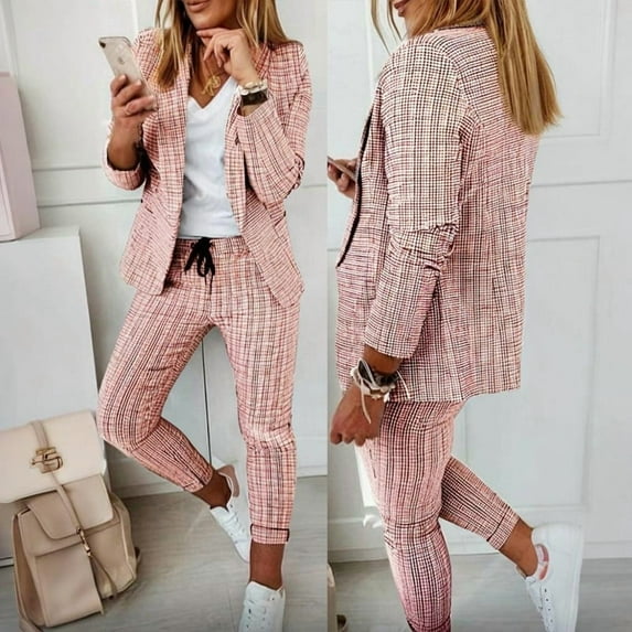 ZEHJUHAN Women's 2-Piece Suit Set Long Sleeve Blazer & Pants Plaid Office Wear with Pockets Drawstring Waist Pink,XL