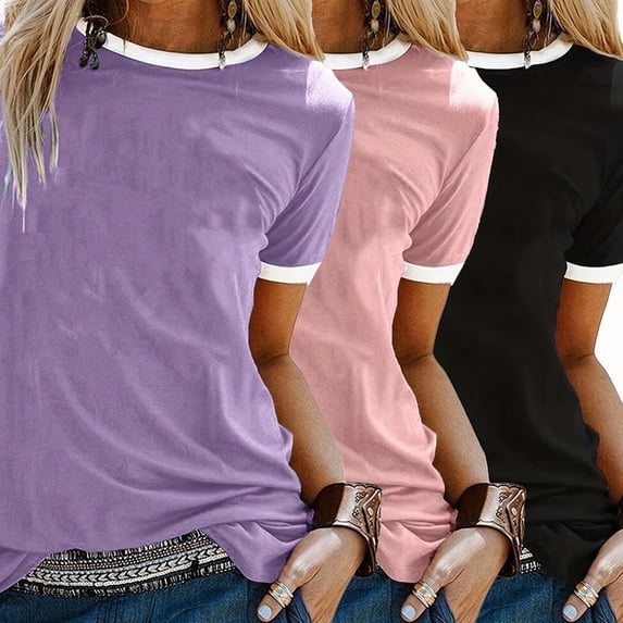 ZEHJUHAN Women's 3-Pack Everyday Comfort Tees - Ultra-Soft Crew Neck Short Sleeve Basics in Curated Color Palette Tops Purple+Pink+Black，S