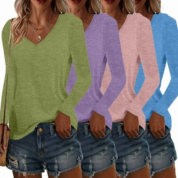 ZEHJUHAN Women's 4-Pack Solid Color V-Neck Long Sleeve T-Shirts, Basic Casual Tees for Spring Summer Green Purple Pink Blue,M