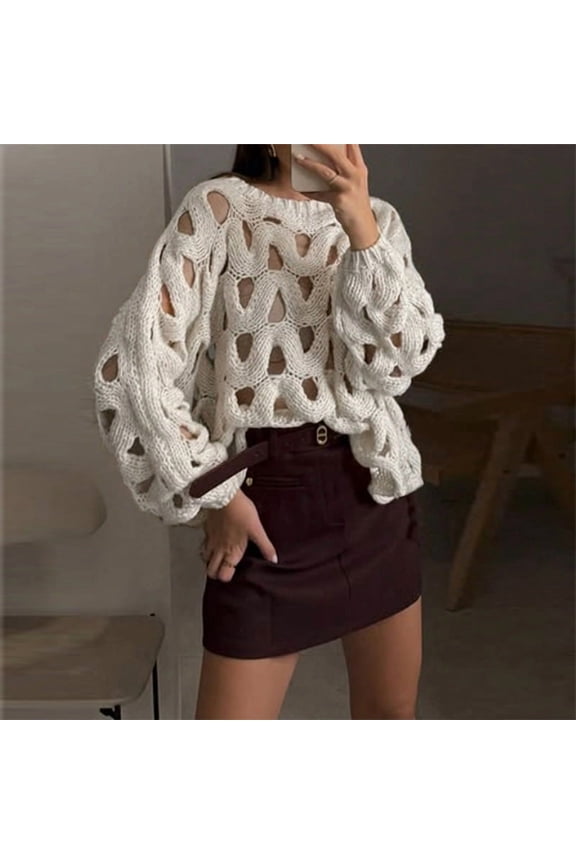 Women's Boho Chic Openwork Knit Sweater - Crew Neck Long Sleeve Loose Fit Crochet Top White，L