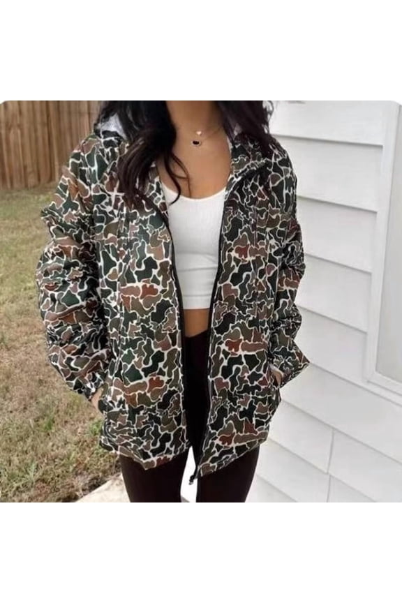 Women's Camo Print Long Sleeve Hooded Jacket - Streetwear Zip-Up Coat with Pockets for Spring Fall Fashion Camouflage,L