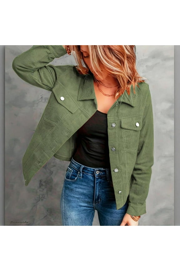 Women's Casual Corduroy Jacket - Long Sleeve Button-Up Coat with Flap Pockets, Lightweight Fall & Spring Outerwear