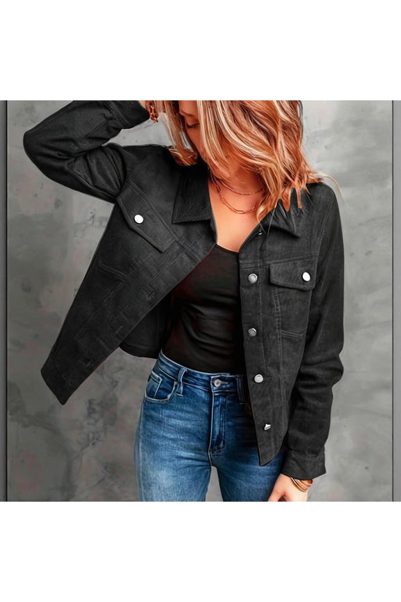 Women's Casual Corduroy Jacket - Long Sleeve Button-Up Coat with Flap Pockets, Lightweight Fall & Spring Outerwear