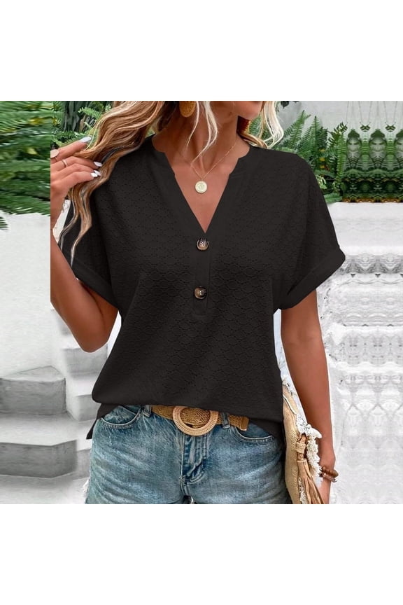 Women's Casual V-Neck Blouse Short Sleeve Loose Fit Button Front Solid Color Top for Summer & Daily Wear, XL