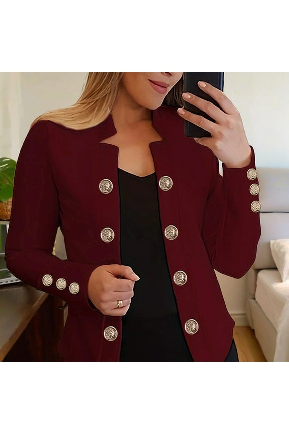 Women's Chic Double-Breasted Knit Blazer Jacket - Long Sleeve Cardigan-Style Office Coat with Button Cuffs, Stretchy Comfort for Work & Weekend