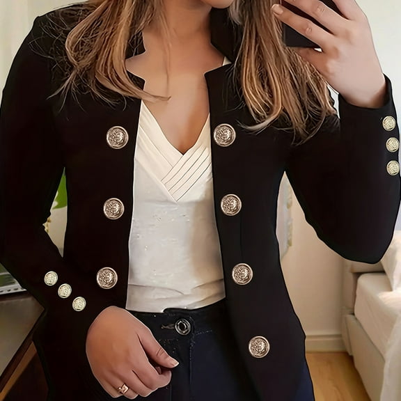 ZEHJUHAN Women's Chic Double-Breasted Knit Blazer Jacket - Long Sleeve Cardigan-Style Office Coat with Button Cuffs, Stretchy Comfort for Work & Weekend