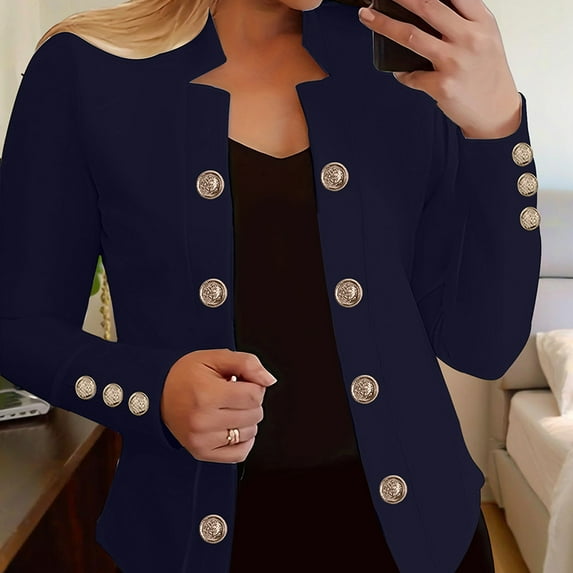 ZEHJUHAN Women's Chic Double-Breasted Knit Blazer Jacket - Long Sleeve Cardigan-Style Office Coat with Button Cuffs, Stretchy Comfort for Work & Weekend