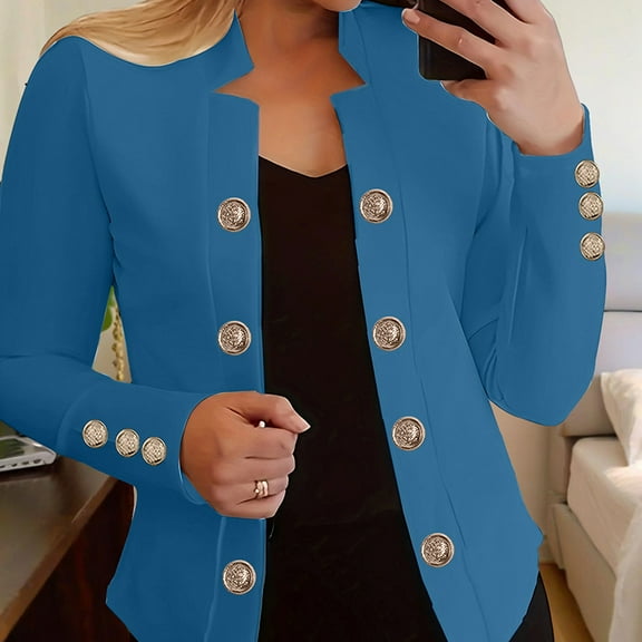 ZEHJUHAN Women's Chic Double-Breasted Knit Blazer Jacket - Long Sleeve Cardigan-Style Office Coat with Button Cuffs, Stretchy Comfort for Work & Weekend